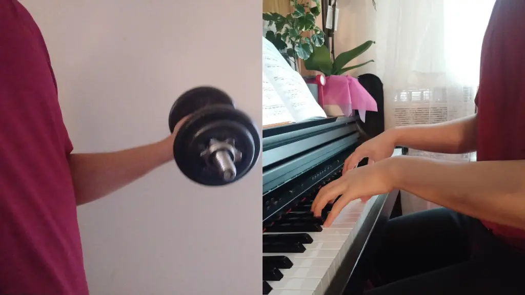 picture of a person lifting and a person playing the piano