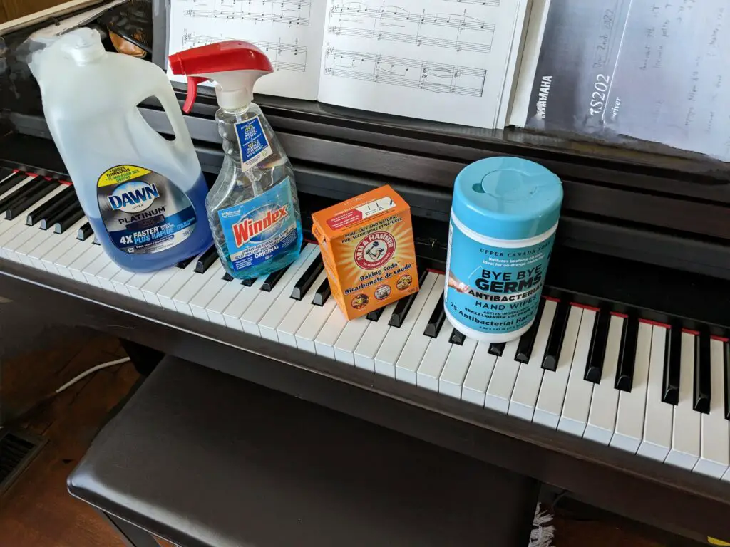 different cleaning agents on top a piano